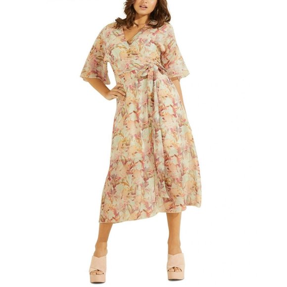 NWT Guess Damienne Printed Wrap Dress W2YK38WEPQ0 S Miraflores Print Yellow - Picture 1 of 4